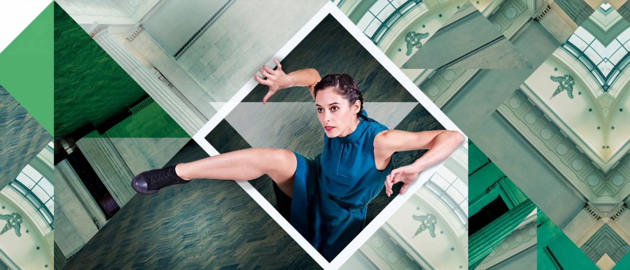 Awakening image - dancer stepping out of a white box with green background