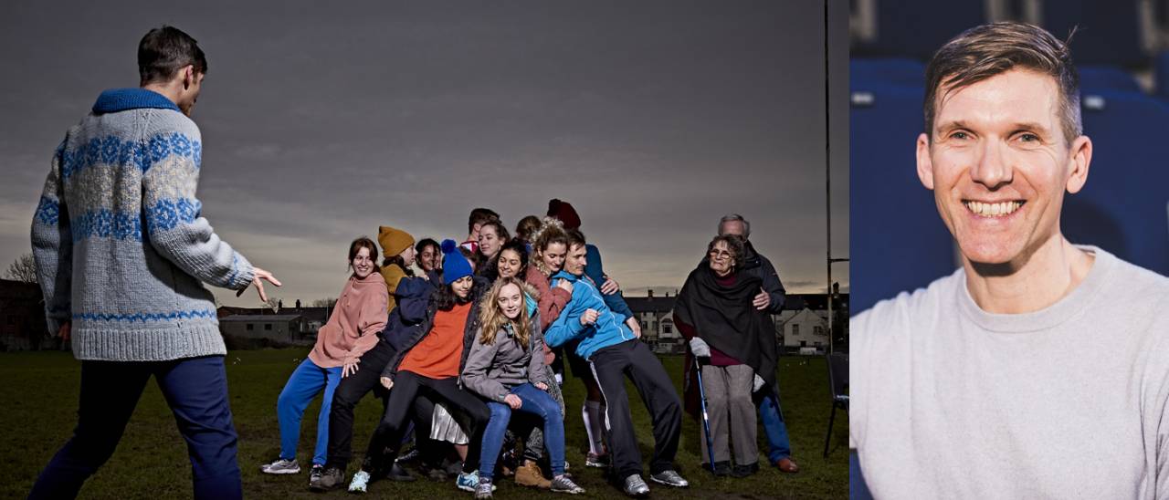 image of Fearghus on a Rugby pitch with dancers of all ages 